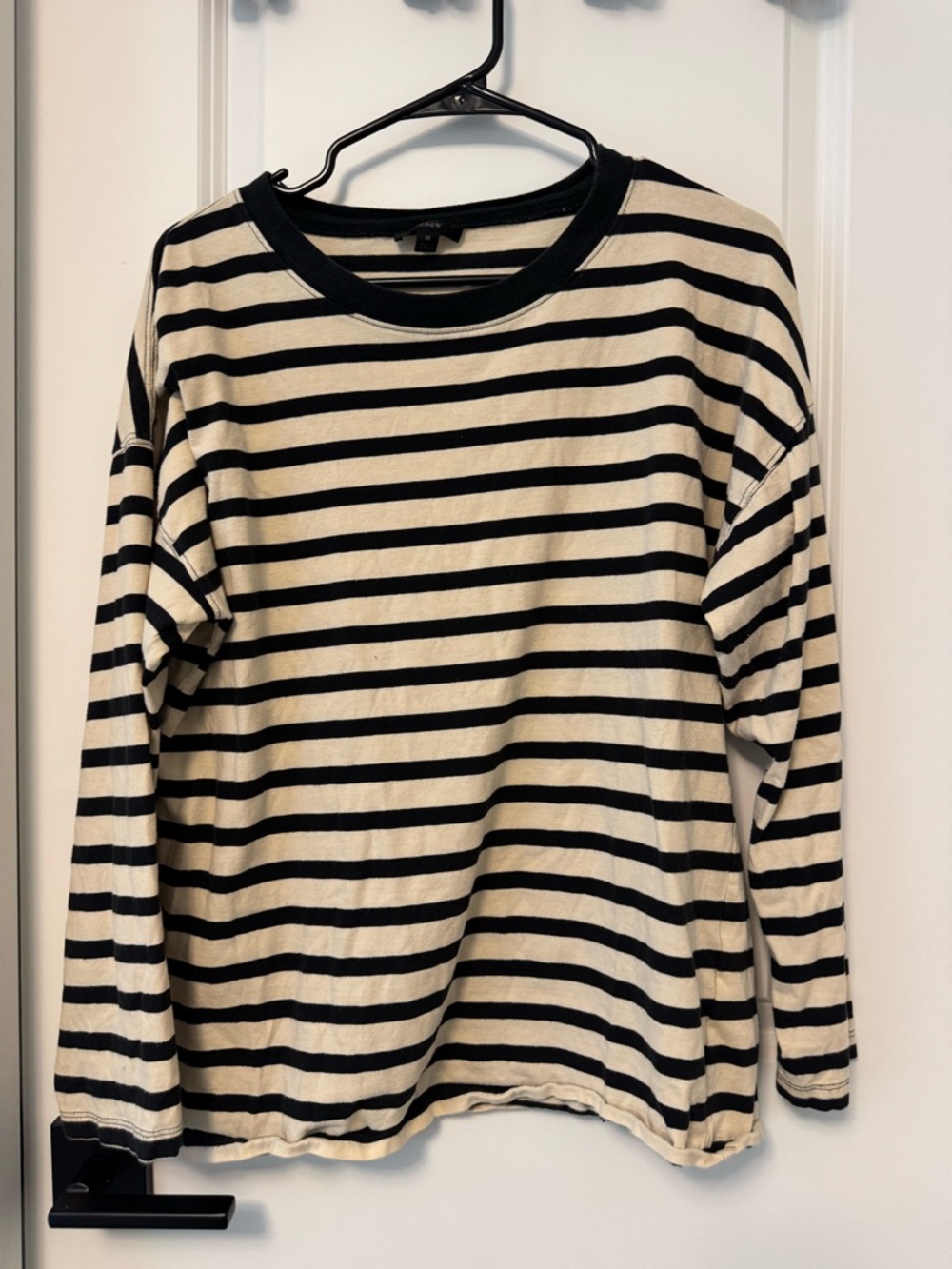 J. Crew Black and Cream Striped Crewneck Tee